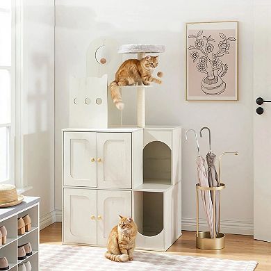 Dual-Layer Cat Tree with Litter Box Enclosure, Sisal Scratching Posts, and Platforms