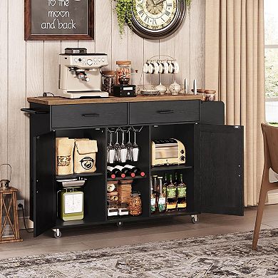 Kitchen Cart with Power Outlet, Storage Cabinets, Drawers and Rolling Casters