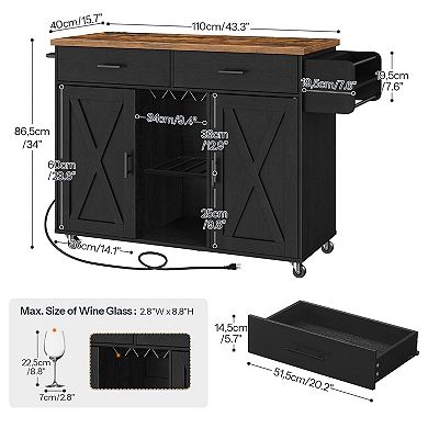 Kitchen Cart with Power Outlet, Storage Cabinets, Drawers and Rolling Casters