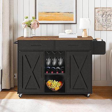 Kitchen Cart with Power Outlet, Storage Cabinets, Drawers and Rolling Casters