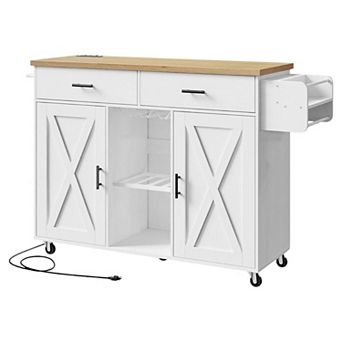 Kitchen Cart with Power Outlet, Storage Cabinets, Drawers and Rolling Casters