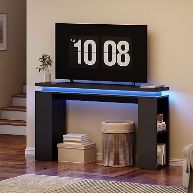 Modern Floating Console Table with LED Lights and Adjustable Shelves, Slim Hallway Table