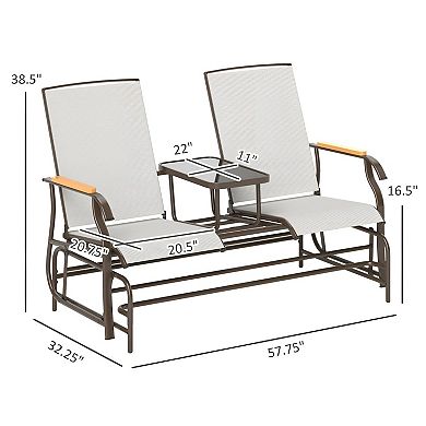2 Person Patio Glider Loveseat with Center Table, Outdoor Mesh Seating Bench with Steel Frame
