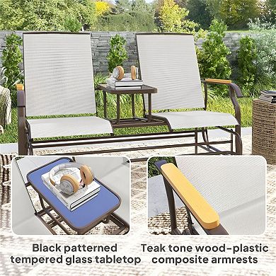 2 Person Patio Glider Loveseat with Center Table, Outdoor Mesh Seating Bench with Steel Frame
