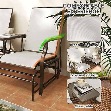 2 Person Patio Glider Loveseat with Center Table, Outdoor Mesh Seating Bench with Steel Frame
