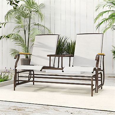 2 Person Patio Glider Loveseat with Center Table, Outdoor Mesh Seating Bench with Steel Frame