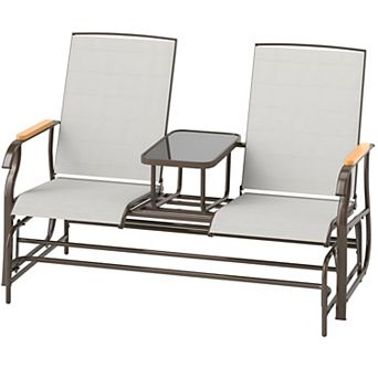 2 Person Patio Glider Loveseat with Center Table, Outdoor Mesh Seating Bench with Steel Frame