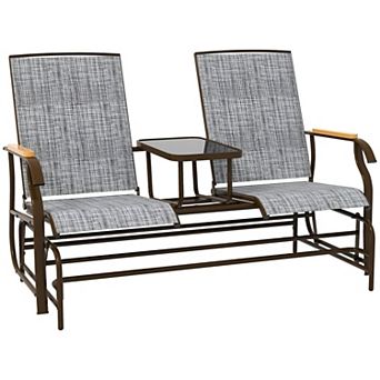 2 Person Patio Glider Loveseat with Center Table, Outdoor Mesh Seating Bench with Steel Frame