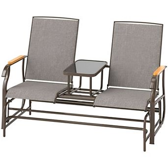 2 Person Patio Glider Loveseat with Center Table, Outdoor Mesh Seating Bench with Steel Frame