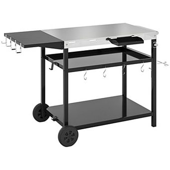 Outdoor Kitchen Cart with Foldable Side Table Storage Shelves and Wheels