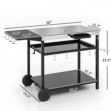 Outdoor Kitchen Cart with Foldable Side Table Storage Shelves and Wheels