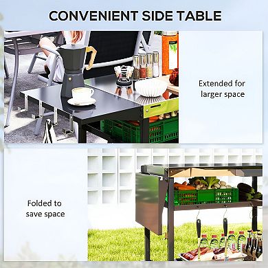 Outdoor Kitchen Cart with Foldable Side Table Storage Shelves and Wheels