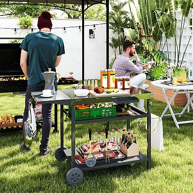 Outdoor Kitchen Cart with Foldable Side Table Storage Shelves and Wheels