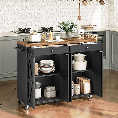 Rolling Kitchen Island Cart with Storage, Power Outlet, Drawers and Cabinets