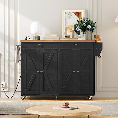 Rolling Kitchen Island Cart with Storage, Power Outlet, Drawers and Cabinets