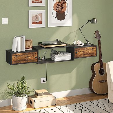 Wall-Mounted Media Console with Hidden Storage, Shelves, and Power Outlets