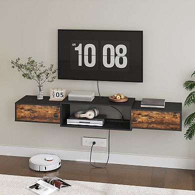 Wall-Mounted Media Console with Hidden Storage, Shelves, and Power Outlets