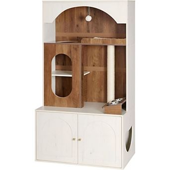Multi-Functional Cat Condo with Hidden Litter Box, Elevated Feeding Station, Modern Design