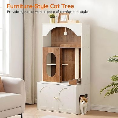 Multi-Functional Cat Condo with Hidden Litter Box, Elevated Feeding Station, Modern Design