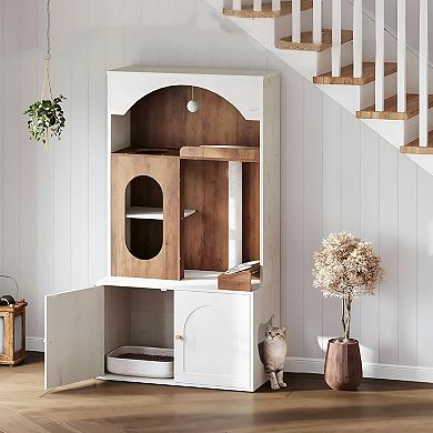 Multi-Functional Cat Condo with Hidden Litter Box, Elevated Feeding Station, Modern Design