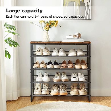 Adjustable 5 Tier Shoe Storage Rack Particleboard Metal Frame Raised Back Panel Top Shelf