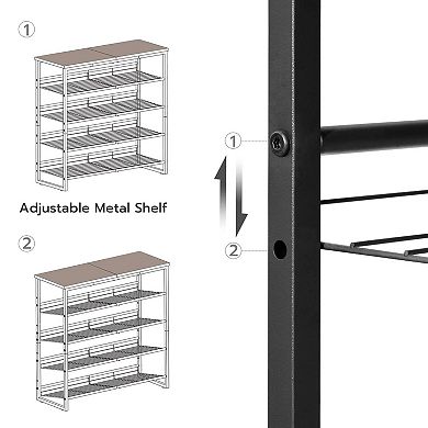 Adjustable 5 Tier Shoe Storage Rack Particleboard Metal Frame Raised Back Panel Top Shelf