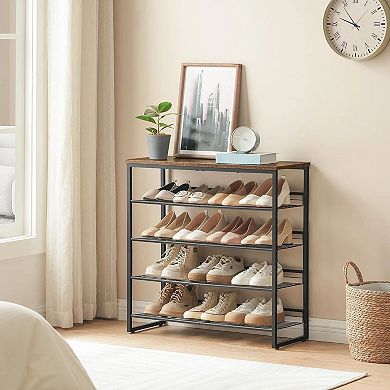 Adjustable 5 Tier Shoe Storage Rack Particleboard Metal Frame Raised Back Panel Top Shelf