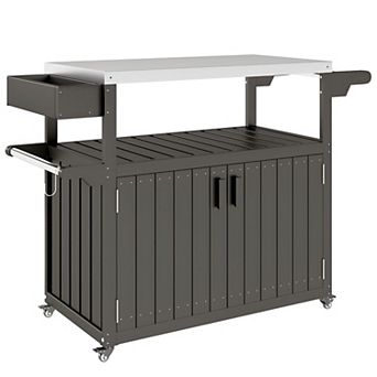 Outdoor Grill Cart with Storage Cabinet Stainless Steel Top Rolling Wheels