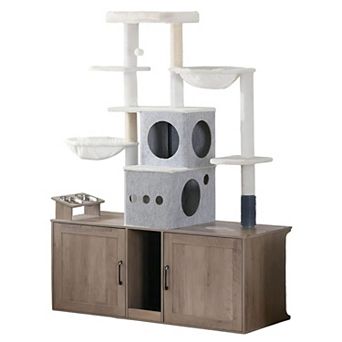Dual Litter Box Cat Tree with Condos, Hammock, Scratching Posts, and Dangling Ball