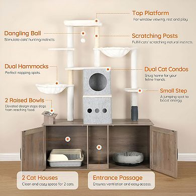 Dual Litter Box Cat Tree with Condos, Hammock, Scratching Posts, and Dangling Ball