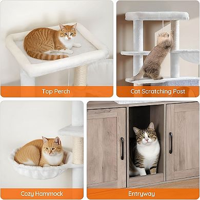 Dual Litter Box Cat Tree with Condos, Hammock, Scratching Posts, and Dangling Ball
