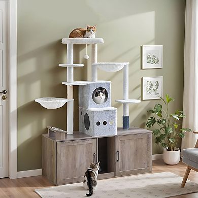 Dual Litter Box Cat Tree with Condos, Hammock, Scratching Posts, and Dangling Ball