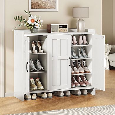 Shoe Storage Cabinet 3 Door Wooden Organizer with Adjustable Shelves Anti Tip Design