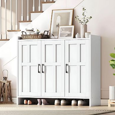Shoe Storage Cabinet 3 Door Wooden Organizer with Adjustable Shelves Anti Tip Design