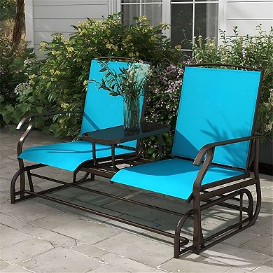 Outdoor Rocking Glider Bench 2 Seat with Table Mesh Fabric Patio Seating
