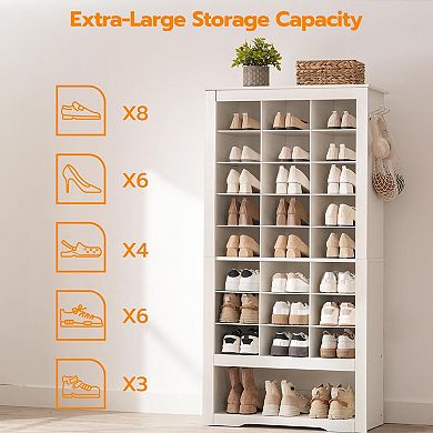 Tall Shoe Organizer Cabinet 24 Cubes with Bottom Storage and Hooks for Bedroom Entryway