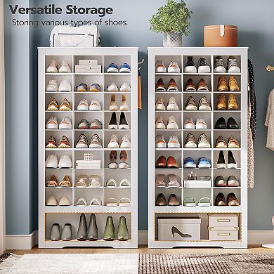 Tall Shoe Organizer Cabinet 24 Cubes with Bottom Storage and Hooks for Bedroom Entryway
