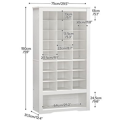 Tall Shoe Organizer Cabinet 24 Cubes with Bottom Storage and Hooks for Bedroom Entryway