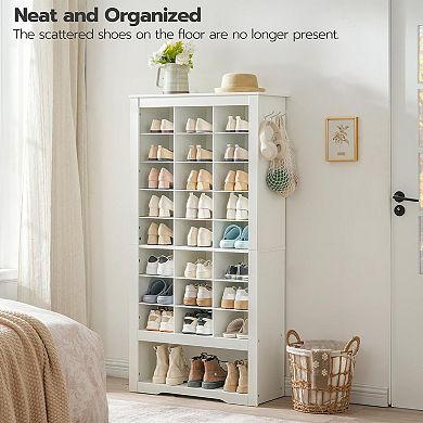 Tall Shoe Organizer Cabinet 24 Cubes with Bottom Storage and Hooks for Bedroom Entryway