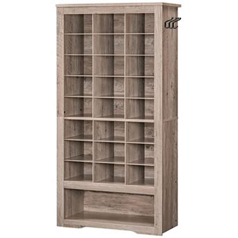 Tall Shoe Organizer Cabinet 24 Cubes with Bottom Storage and Hooks for Bedroom Entryway