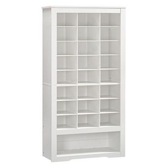 Tall Shoe Organizer Cabinet 24 Cubes with Bottom Storage and Hooks for Bedroom Entryway