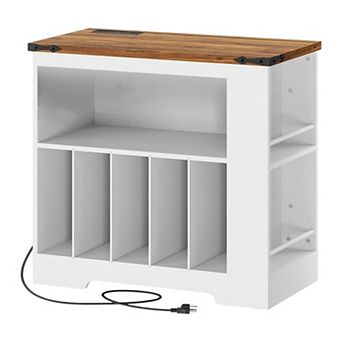 Record Console Stand with Adjustable LED Band, Storage for Turntables, Speakers, and Records
