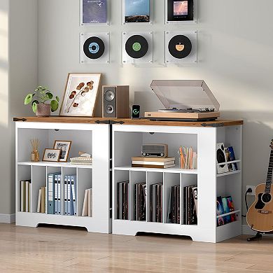 Record Console Stand with Adjustable LED Band, Storage for Turntables, Speakers, and Records
