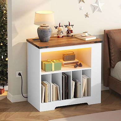 Record Console Stand with Adjustable LED Band, Storage for Turntables, Speakers, and Records