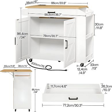 Kitchen Cart with Foldable Counter, Power Outlet, Spice Rack and Locking Wheels