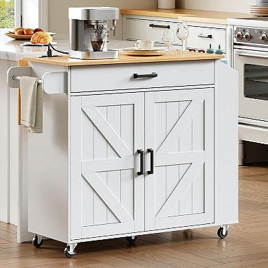 Kitchen Cart with Foldable Counter, Power Outlet, Spice Rack and Locking Wheels