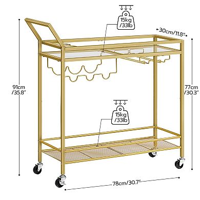 Rolling Bar Cart with Wine Rack, Glass Holder, and Lockable Wheels