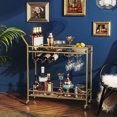 Rolling Bar Cart with Wine Rack, Glass Holder, and Lockable Wheels