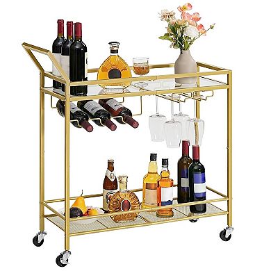 Rolling Bar Cart with Wine Rack, Glass Holder, and Lockable Wheels