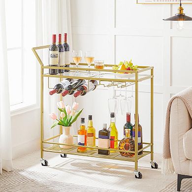 Rolling Bar Cart with Wine Rack, Glass Holder, and Lockable Wheels